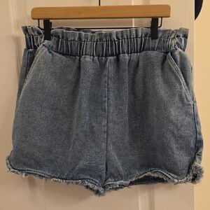 ODDY Light Blue Denim Paperbag Waist Shorts with Frayed Hem